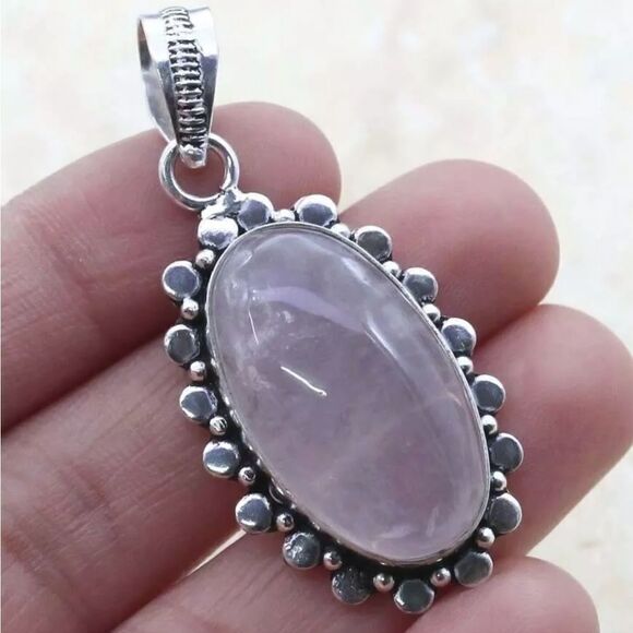 Rose Quartz 925 Silver Plated Handmade Gemstone Pendant of 2.1" Ethnic Gift - Picture 4 of 4